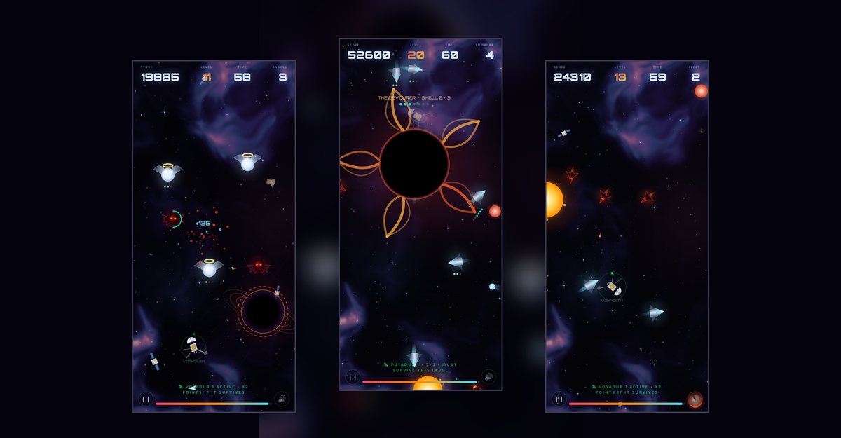 Three Fingularity gameplay screens: normal play, a boss encounter, and an incoming fleet