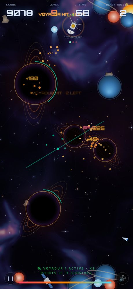 Fingularity gameplay with black holes, drifting ships and a score of 19,885