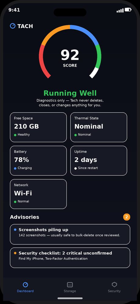 Tach dashboard showing a health score of 92, free space, thermal state, battery and network, with two advisories