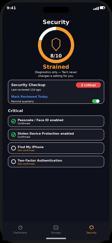 Tach security screen showing a score of 8 out of 10 and a checklist of protections